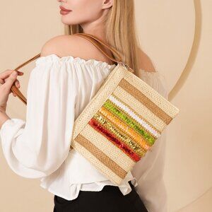 Boho Sequined Shoulder Bag Straw Envelope Shaped Large Beige Zippered NWT